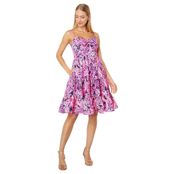 Lilly Pulitzer Adalia Knee Length Cotton Dress 16 Low Tide Navy Flirty Fins And